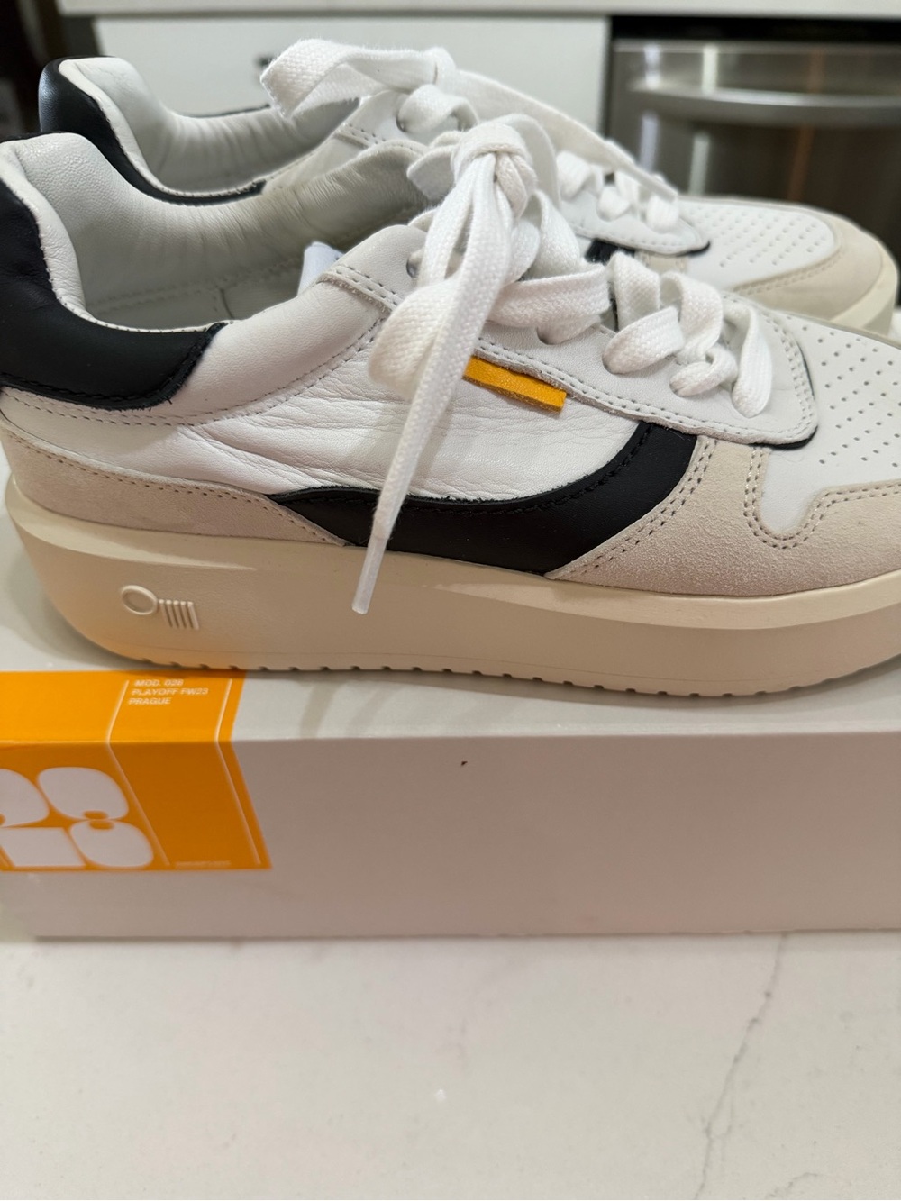 Women's White and Black Leather Platform Sneakers